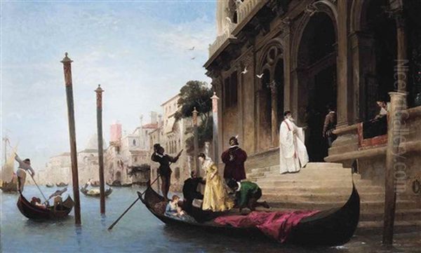 Boarding A Gondola, Venice Oil Painting by Louis Claude Mouchot