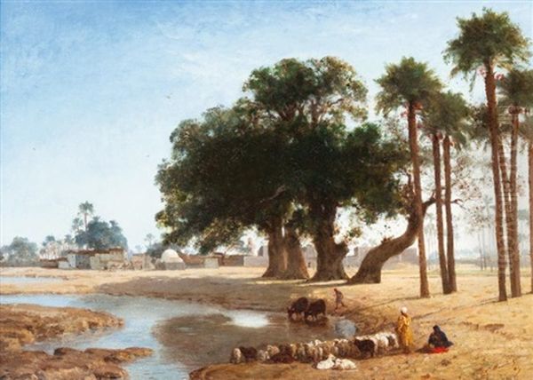 Troupeaux Et Leurs Gardiens, Village Des Bords Du Nil Oil Painting by Louis Claude Mouchot