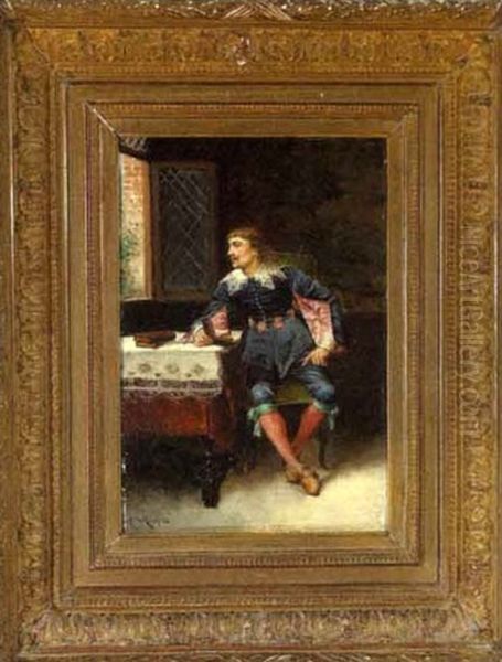 A Cavalier Reading Near A Window Oil Painting by Louis Claude Mouchot