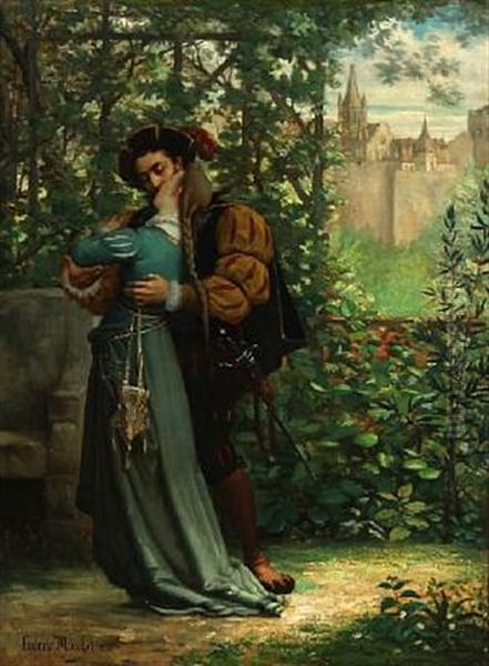 Scene From A Park With A Kissing Couple In Renaissance Costumes Oil Painting by Ludovic (Louis Hippolyte) Mouchot