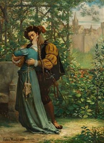 A Park Scene With A Kissing Couple Wearing Renaissance Costumes Oil Painting by Ludovic (Louis Hippolyte) Mouchot