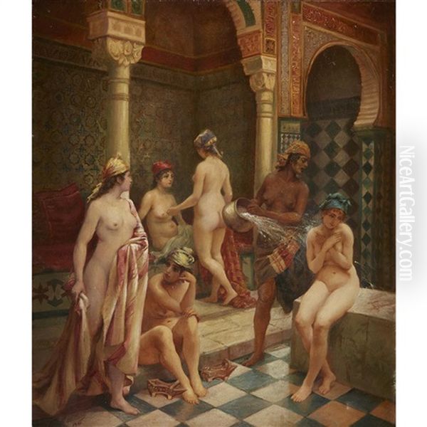 Turkish Bath Oil Painting by Lucien Mouillard