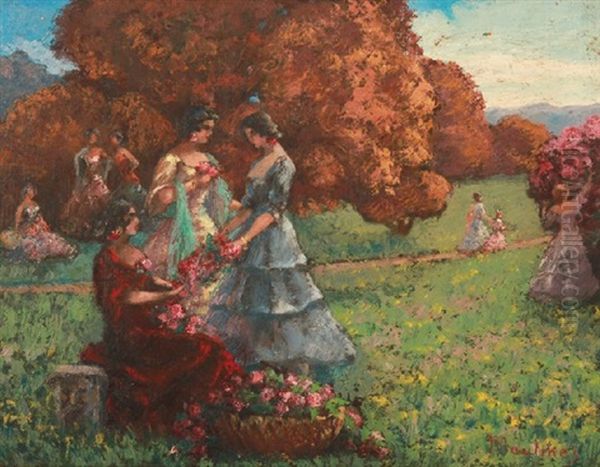 Ladies In The Garden Oil Painting by Ernest Moulines