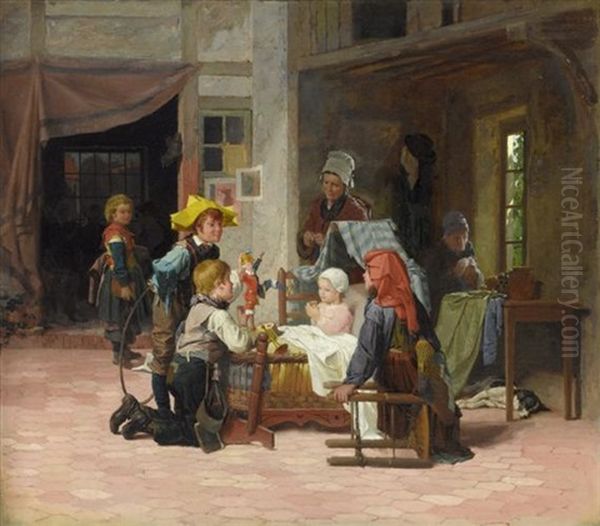 Das Kranke Madchen Wird Von Der Familie Aufgeheitert (jeune Fille Malade) Oil Painting by Antoine Edouard Joseph Moulinet