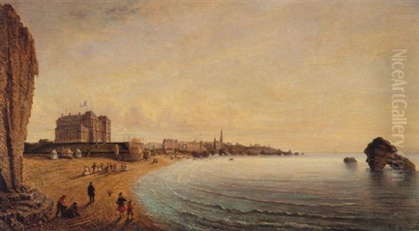 The Beach At Biarritz Oil Painting by Jean-Baptiste Louis Moullin