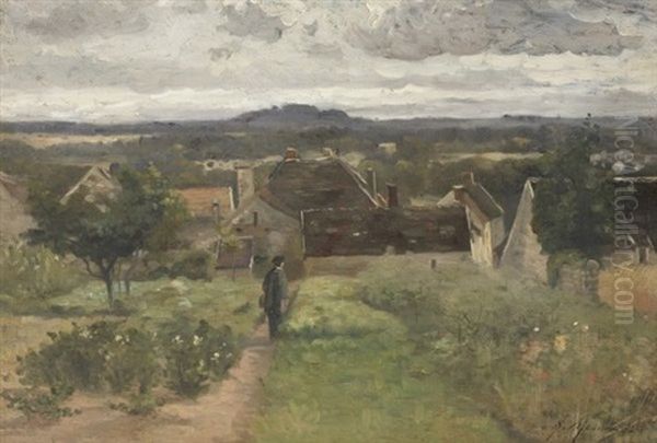 Franzosische Landschaft. Steinhauser Und Garten Bei Bedecktem Himmel Oil Painting by Alfred Moullion