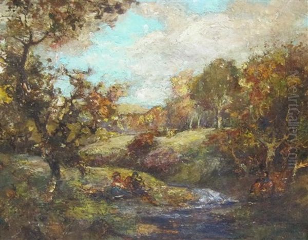 An Autumnal River Landscape With Figures Oil Painting by William Mouncey