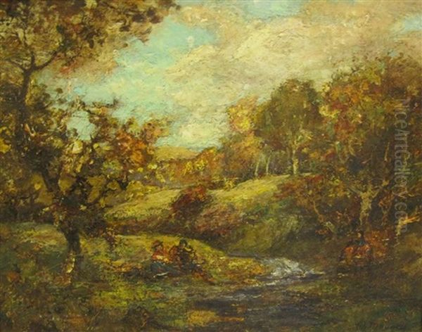 An Autumnal River Landscape With Figures by William Mouncey