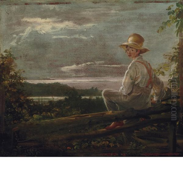 Country Lad On A Fence (sketch From Nature; Boy Getting Over A Fence, Throg's Point, New York) Oil Painting by William Sidney Mount