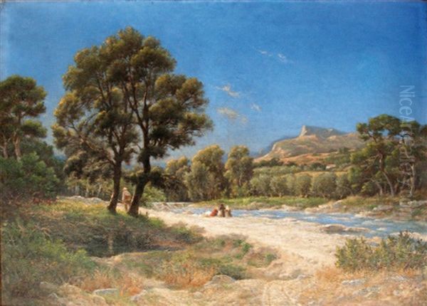 Lavandieres En Provence Oil Painting by Henri Laurent Mouren