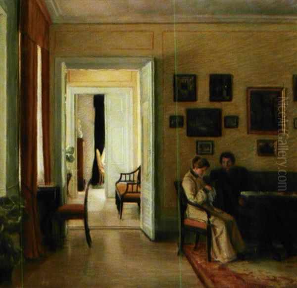 Interior Fra Et Herskabshjem Med Ung Pige, Der Syr Oil Painting by Christian Vilhelm Mourier-Petersen