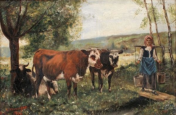 La Gardienne De Vaches (2 Works) Oil Painting by Eugene Mousset