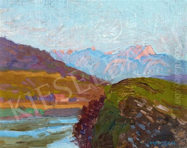 River Landscape With Mountains Oil Painting by Tivadar Jozef Mousson