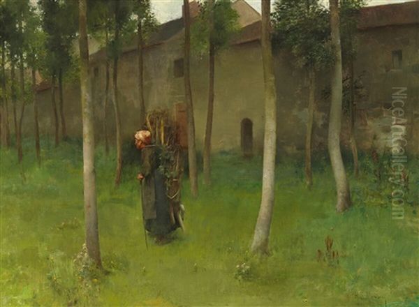 A Woman Gathering Sticks In The Outskirts Of A Village Oil Painting by Henry Siddons Mowbray