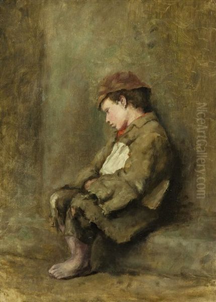 The Little Newspaper Boy Oil Painting by Richard Thomas Moynan