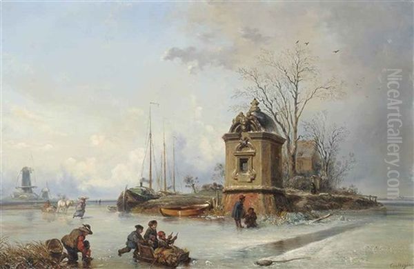 Skaters On A Dutch Canal Outside A Teahouse Oil Painting by Charles Louis Mozin