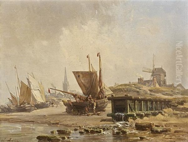 Barques De Peche Sur Une Greve, Un Moulin Et Un Clocher Dans Le Fond Oil Painting by Charles Louis Mozin