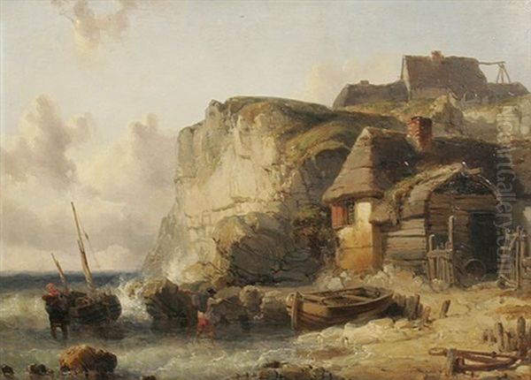 Fischerhutten An Der Kuste Mit Anlegendem Boot Oil Painting by Charles Louis Mozin