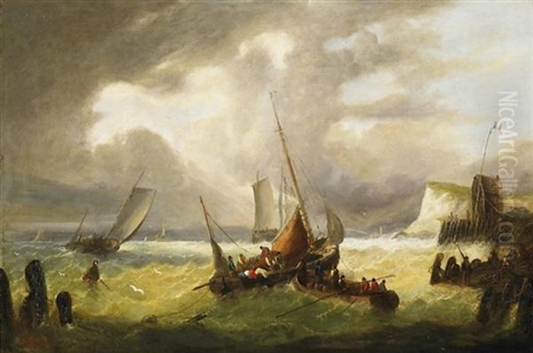 Fischerboote Auf Bewegter See An Bretonischer Kuste Oil Painting by Charles Louis Mozin