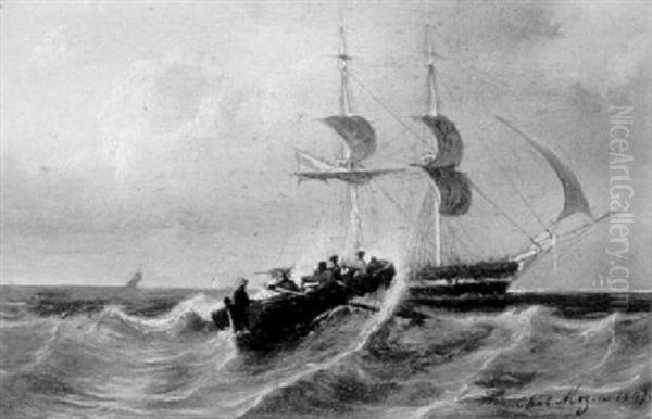 A Launch In Rough Seas Oil Painting by Charles Louis Mozin