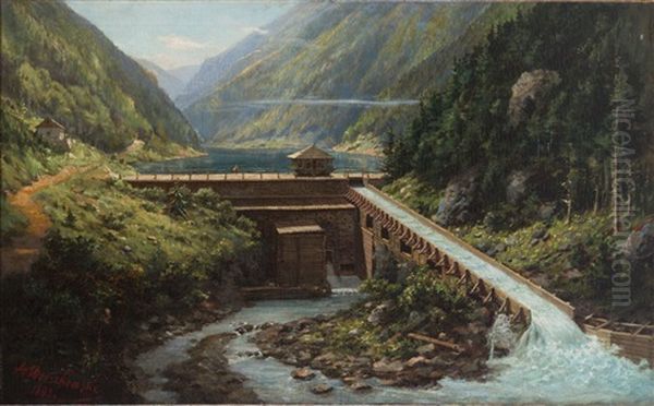 Mountain Landscape With A River Dam Oil Painting by Alexander Mroczkowski