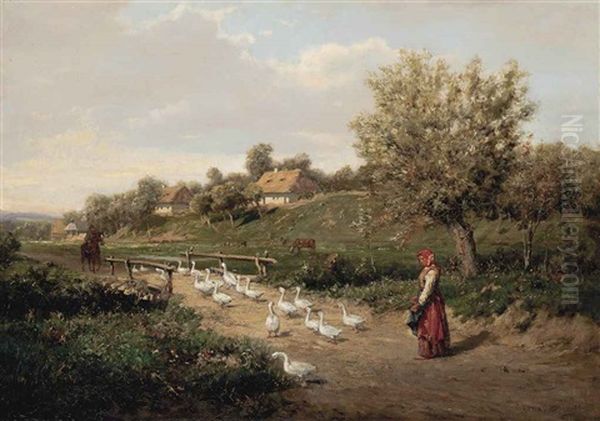 Droving Geese Across A Bridge by Alexander Mroczkowski