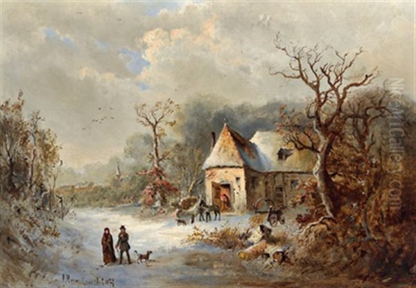 Winterlandschaft Mit Figurlicher Staffage Oil Painting by Alexander Mroczkowski