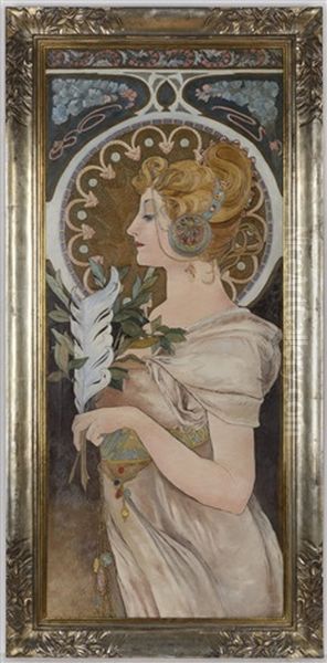 Primrose And Feather - Period Replicas Oil Painting by Alphonse Mucha