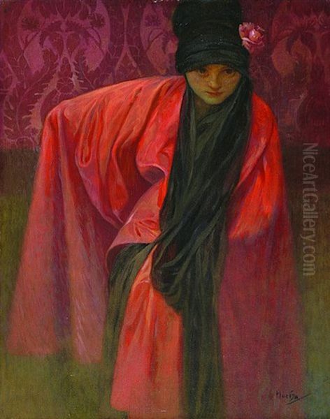 Girl In Red Oil Painting by Alphonse Mucha