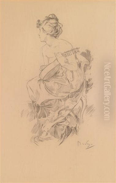 Madchen Mit Laute Oil Painting by Alphonse Mucha