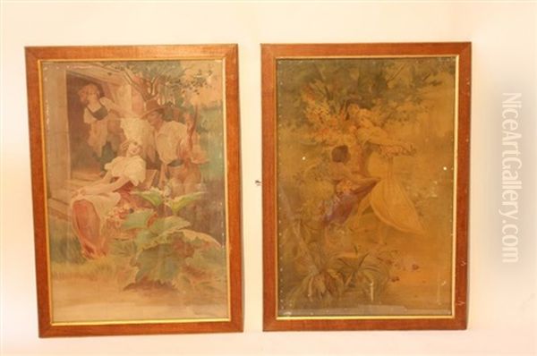 Scenes De Personnages Champetres (pair) Oil Painting by Alphonse Mucha