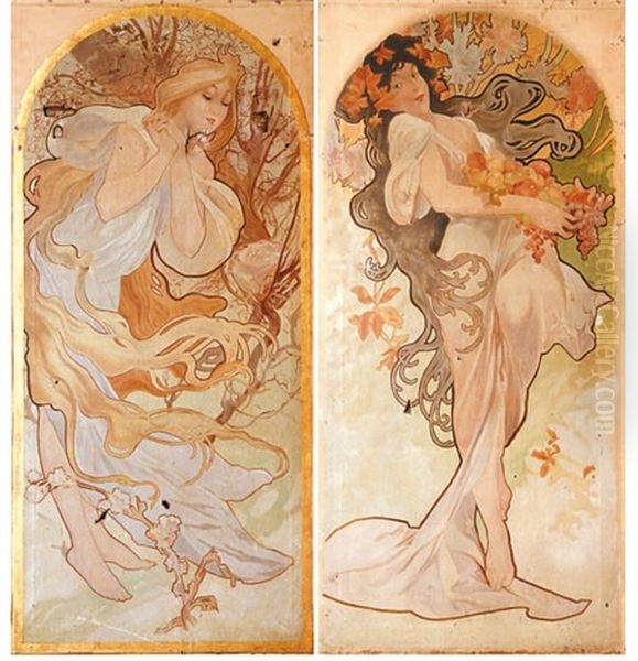 Les Quatre Saisons (4 Works) Oil Painting by Alphonse Mucha