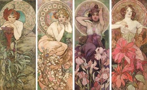 The Four Precious Stones: Emerald, Amethyst, Ruby And Topaz Oil Painting by Alphonse Mucha