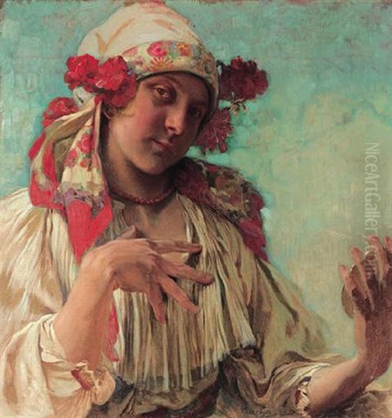 Young Girl In Moravian Costume Oil Painting by Alphonse Mucha