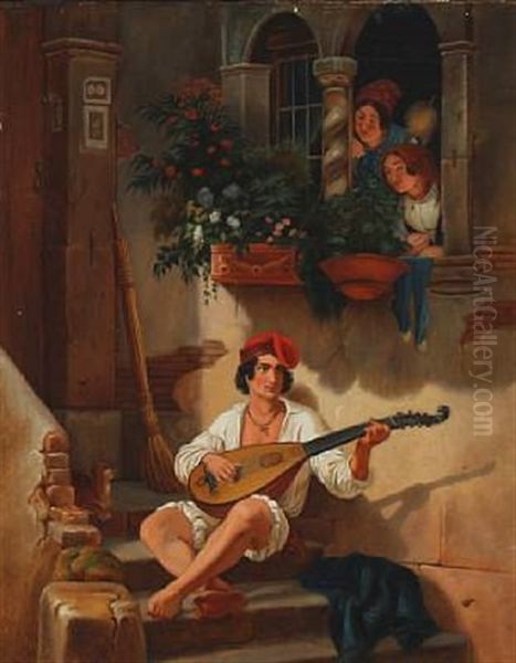 A Neapolitan Fisherman Singing To Zither Outside The Window Of A Couple Of Young Girls (after Wilhelm Marstrand) And Young Woman Stepping Out Of A House At Carnival Time (2 Works) Oil Painting by Albinia Schaffalitzky de Muckadell