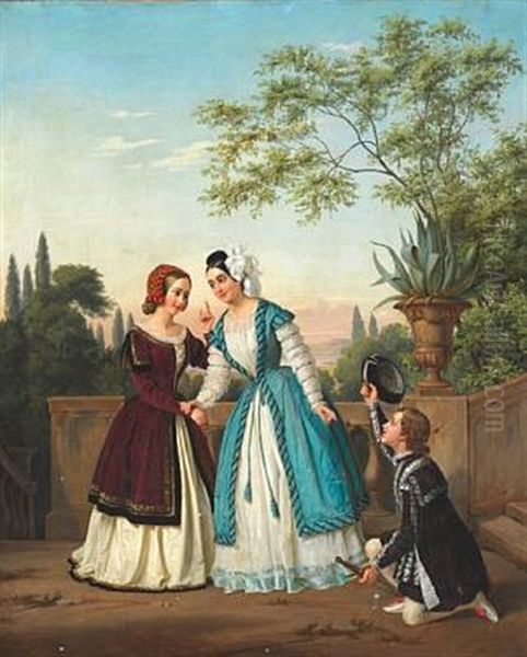 A Gallant Young Man Greets Two Well-dressed Young Ladies by Albinia Schaffalitzky de Muckadell