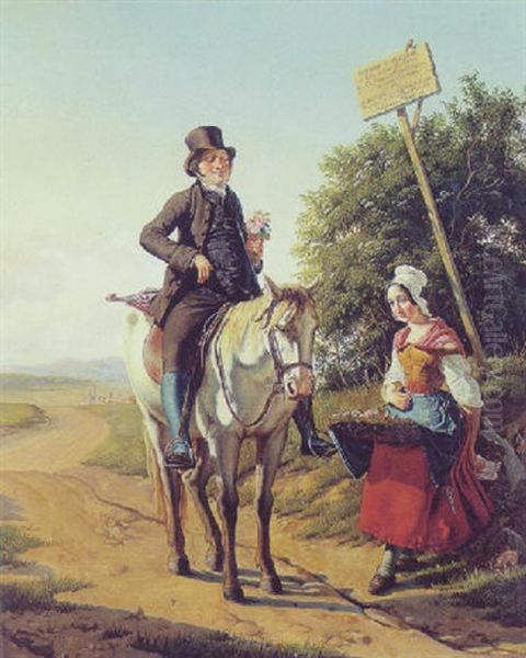 Herre Til Hest Kober En Busket Hos Blomsterpigen Pa Landevejen Oil Painting by Albinia Schaffalitzky de Muckadell