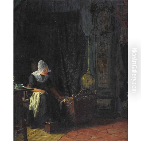 Interieur Mit Mutter An Der Wiege Oil Painting by Karl Emil Muecke