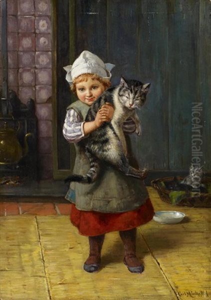 Hollandermadchen Mit Katze Oil Painting by Karl Emil Muecke