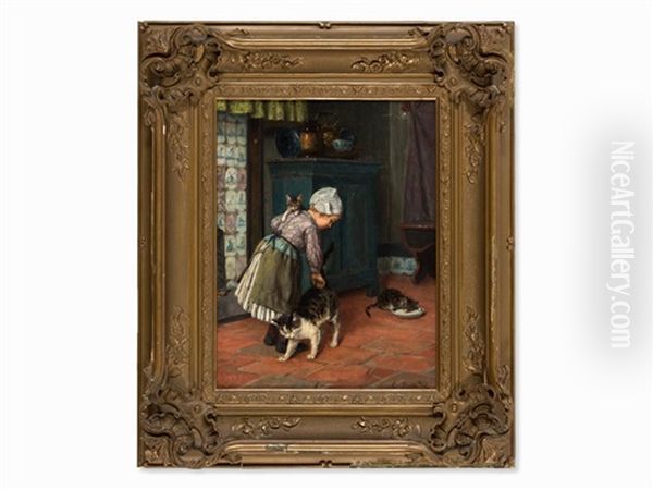 Girl With Cats Oil Painting by Karl Emil Muecke