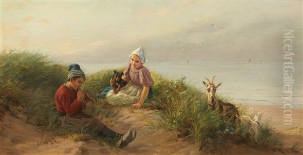 Children Playing On The Beach With A Dog And Oil Painting by Karl Emil Muecke