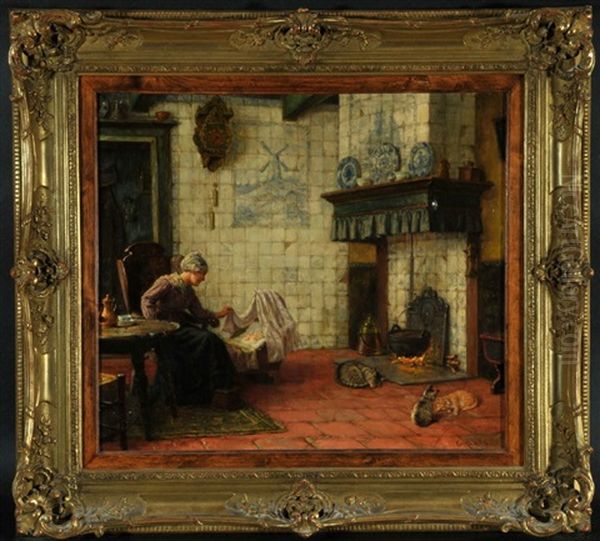 Hollandisches Stubeninterieur Mit Mutter Und Saugling Am Kaminfeuer Oil Painting by Karl Emil Muecke