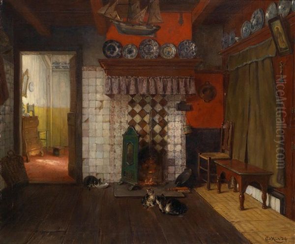 Interieur Mit Katzchen Oil Painting by Karl Emil Muecke