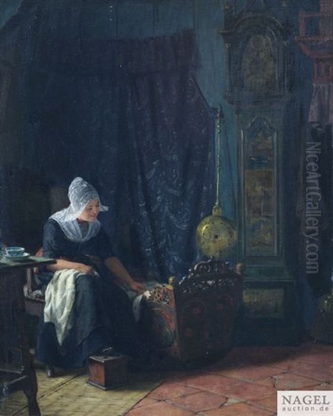 Hollandisches Stubeninterieur Mit Einer Mutter An Der Wiege Oil Painting by Karl Emil Muecke