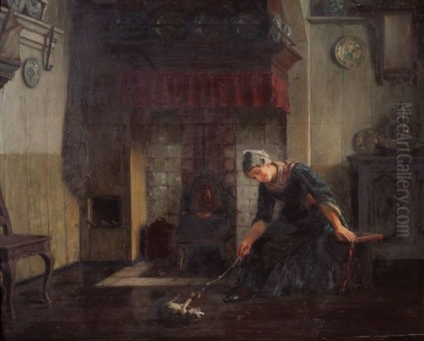 Jugando Con El Gato Oil Painting by Karl Emil Muecke