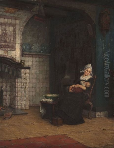 Mutter Und Kind Vor Dem Kamin Oil Painting by Karl Emil Muecke