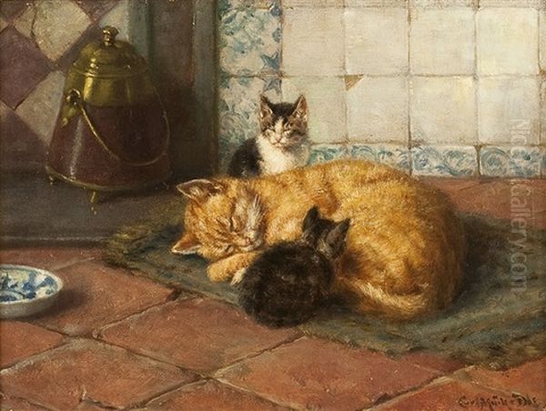 Schlafende Katze Mit Ihren Jungen Vor Dem Ofen Oil Painting by Karl Emil Muecke