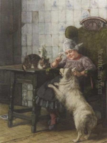 Genreszene. Hollandermadchen Mit Hund Und Katze In Der Stube Oil Painting by Karl Emil Muecke