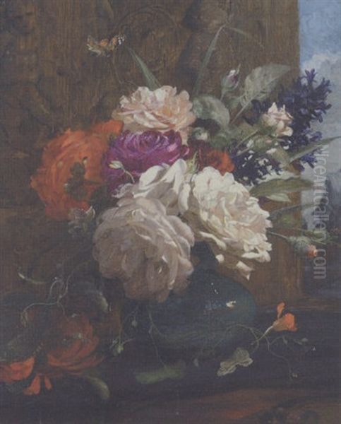 A Still Life Of A Vase Of Roses And A Butterfly On A Ledge, A Landscape Beyond Oil Painting by William Jabez Muckley