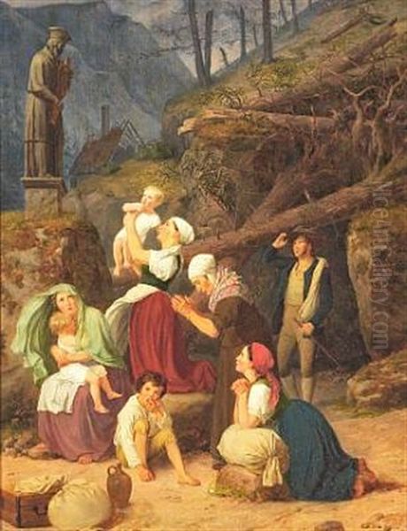 Bohemian People At The Statue Of St. Nepomuk After The Storm Oil Painting by Adam August Mueller